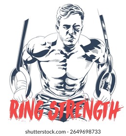 Ilustração de aptidão de homem muscular fazendo ginástica anel treino núcleo e braço força treinamento