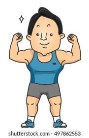 Fitness Illustration of a Muscular Man Flexing His Biceps to Show His Muscles
