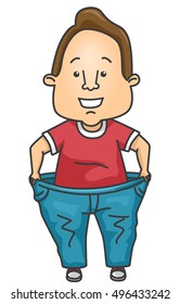 Fitness Illustration of a Satisfied Man in Loose Jeans Proudly Showing the Weight He Lost