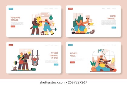 Fitness illustration series showcasing diverse training methods for various fitness levels. Explore personal training, home workouts, gym sessions, and yoga practices featuring engaging characters