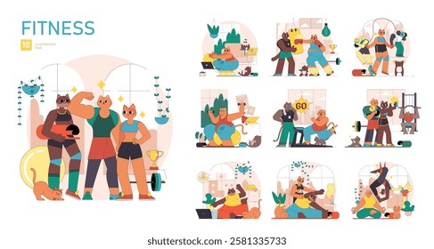 Fitness illustration set. Engaging characters showcasing various workout routines and healthy habits. A lively representation of determination, community, and fun in fitness activities. Vector