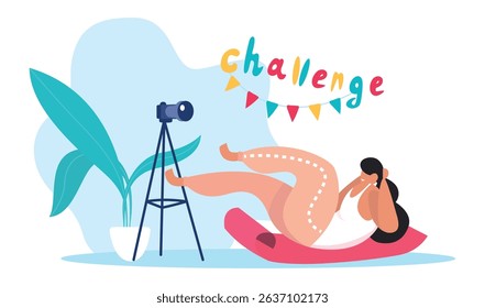 Fitness influencer recording crunches on a yoga mat in front of a camera on a tripod, featuring challenge lettering and party flags for a social media fitness challenge