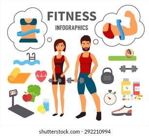 Fitness infographic. Athlete man and woman training in gym dreaming about perfect body. Flat Vector Icons.