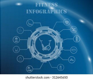 Fitness Infographic Template From Technological Gear Sign, Lines and Icons. Elegant Design With Transparency on Blue Checkered Background With Light Lines and Flash on It. Vector Illustration.   