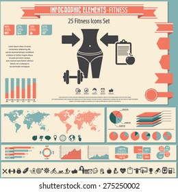 Fitness - infographics elements and 25 pieces icons set. 