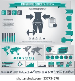 Fitness - infographics elements and 25 pieces icons set.