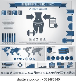 Fitness - infographics elements and 25 pieces icons set.
