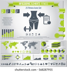 Fitness - infographics elements and 25 pieces icons set.