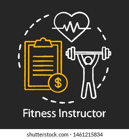 Fitness instructor chalk icon. Gym coach, trainer. Sportsman training. Fitness exercises. Sport, workout training and exercising tool. Weightlifting. Isolated vector chalkboard illustration