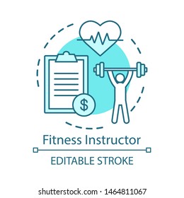 Fitness instructor concept icon. Gym coach, trainer idea thin line illustration. Fitness exercises. Sport, workout training and exercising tool. Vector isolated outline drawing. Editable stroke