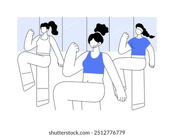 Instructor de fitness Ilustraciones vectoriales de dibujos animados aislados. Chica deportiva trabajando como instructora de fitness, entrenamiento en grupo en el gimnasio, estilo de vida saludable, caricatura de Vector de servicio de coach profesional.