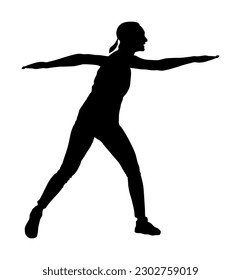 Ilustración de silueta vectorial del instructor de fitness aislada en blanco. El deporte, la formación, el gimnasio y el concepto de estilo de vida. El entrenador personal presenta habilidades para el tratamiento de parásitos. Mujer estirando y levantando pesas.