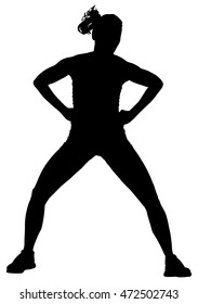 Fitness instructor lady vector silhouette illustration isolated on white. Sport, training, gym and lifestyle concept. Personal trainer present worming up skills. Woman stretching and weight lifting.