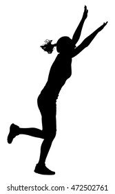 Fitness instructor lady vector silhouette illustration isolated on white. Sport, training, gym and lifestyle concept. Personal trainer present worming up skills. Woman stretching and weight lifting.