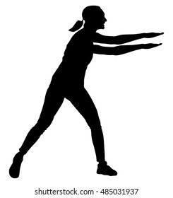 Fitness instructor lady vector silhouette illustration isolated on white. Sport, training, gym and lifestyle concept. Personal trainer present worming up skills. Woman stretching and weight lifting.