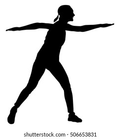Fitness instructor lady vector silhouette illustration isolated on white. Sport, training, gym and lifestyle concept. Personal trainer present worming up skills. Woman stretching and weight lifting.