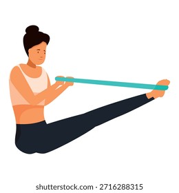 Instrutor de fitness realizando exercícios de pilates com banda elástica, promovendo estilo de vida saudável e bem-estar físico
