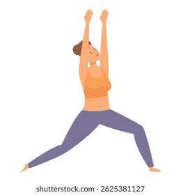 Fitness instructor practicing yoga warrior pose stretching body and improving flexibility