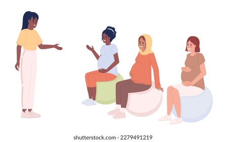 Fitness instructor with pregnant women on exercise balls semi flat color vector characters. Editable full body people on white. Simple cartoon style spot illustration for web graphic design, animation