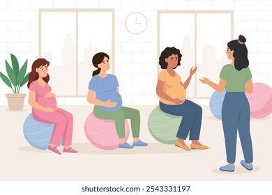 Fitness instructor with pregnant women on exercise balls. The concept of a healthy pregnancy and sports. Vector illustration