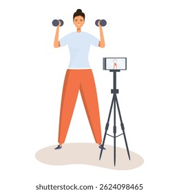Fitness instructor recording online fitness class using smartphone on tripod, promoting healthy lifestyle through online platforms
