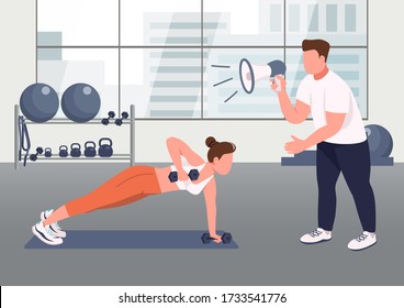 Fitness instructor service flat color vector illustration. Woman working out with coach 2D cartoon character with gym on background. Professional trainer assistance. HIIT, intense workout