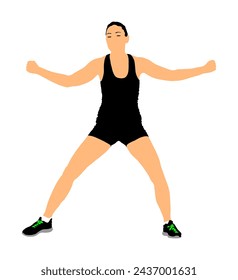 Fitness instructor training vector illustration isolated on white background. Sport woman personal trainer in gym. Pilates girl. Athlete lady doing exercise. Warming up, female workout activity.