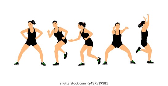 Fitness instructor training vector illustration isolated on white background. Sport woman personal trainer in gym. Pilates girl. Athlete lady doing exercise. Warming up, female workout activity.