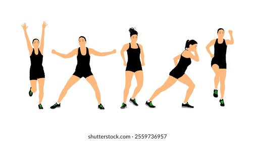 Fitness instructor training vector illustration isolated on white background. Sport woman personal trainer in gym. Pilates girl. Athlete lady doing exercise. Warming up, female workout activity.