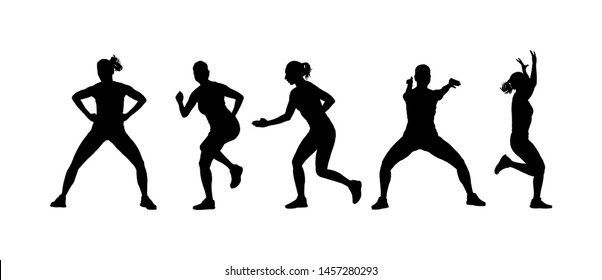 Fitness instructor training vector silhouette isolated on white background. Sport woman active in gym.  Athlete lady doing exercise. Warming up, workout activity. Personal trainer skills demonstration