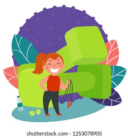 Fitness instuctor. Kids profession. Small girl as a coach. Aerobics trainer. Flat vector illustration.