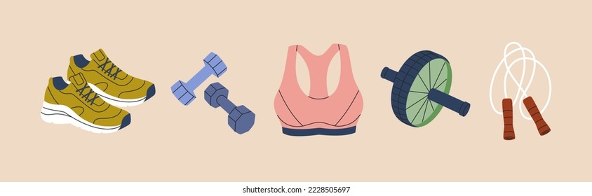 Fitness inventory and accessories. Snickers, sportswear, dumbbells, ab roller, jump rope. Healthy lifestyle. Hand drawn vector illustration isolated on background. Modern flat style.