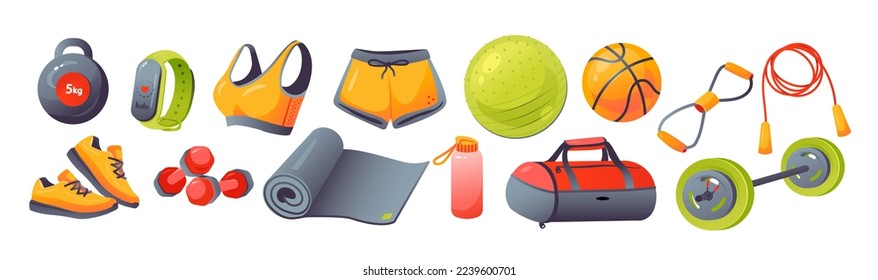 Fitness inventory, gym accessories. Sport equipment, dumbbells, fitness tracker, sports bag, sportswear, mat. Healthy lifestyle concept.