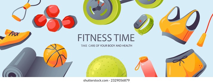 Fitness inventory, gym accessories. Template sale banner for poster, website, advertising. Healthy lifestyle concept.