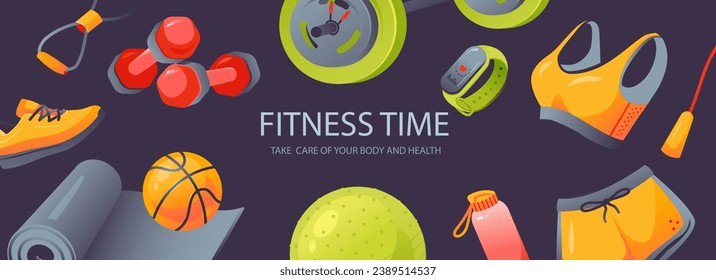 Fitness inventory, gym accessories. Template sale banner for website, advertising. Healthy lifestyle concept.