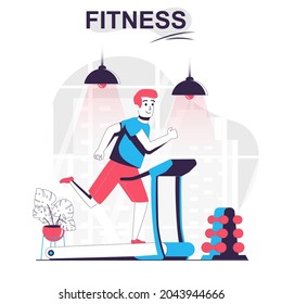 Fitness isolated cartoon concept. Man running on treadmill, sports exercising at gym, workout people scene in flat design. Vector illustration for blogging, website, mobile app, promotional materials.