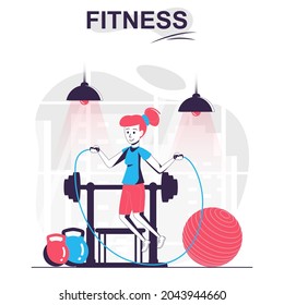 Fitness isolated cartoon concept. Woman jumping rope and exercising in gym, sports workout people scene in flat design. Vector illustration for blogging, website, mobile app, promotional materials.
