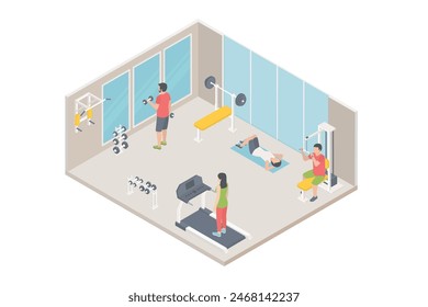 Fitness isometric composition with images of people working out inside sports hall with gym apparatus facilities vector illustration.