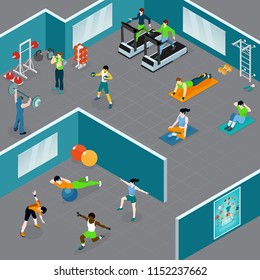 Fitness isometric composition with people doing different kinds of sport and workout in closed gym area vector illustration