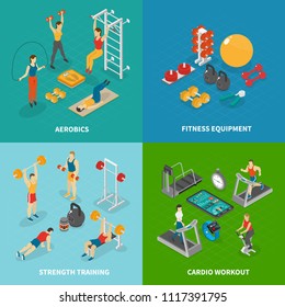 Fitness isometric design concept with four compositions of gymnastic apparatus images and human characters of athletes vector illustration