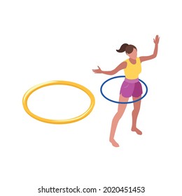 Fitness isometrisches Icon mit Frau, die Übungen mit Hula-Hoop einzelne Vektorgrafik