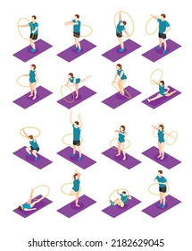 Fitness isometric icons set of male and female characters doing exercises with hula hoop on sports mat isolated vector illustration