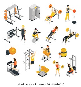 Fitness isometric icons set with people training in gym using sport equipment and gym apparatus isolated vector illustration