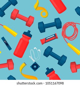 Fitness items collection, seamless pattern vector illustration with bottles and dumbbells, jumping ropes and weight tapes, music player, pulse sensor