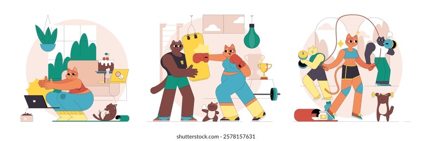 Fitness journey depicted through diverse cartoon characters exercising in a gym environment. Various workout activities highlight motivation, community, and personal growth. Engaging and fun