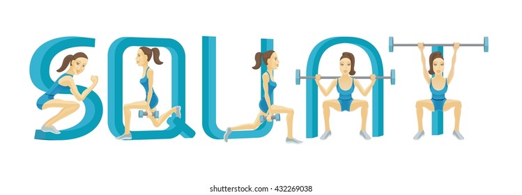 Fitness label for flyer or poster with letters and woman doing squat exercises with barbell