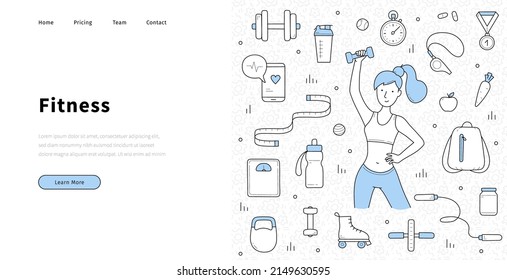 Fitness landing page in doodle style, woman exercising with dumbbells, healthy lifestyle, sport, weight loss and workout recreation in gym. Fit girl, gadgets for sports life, Linear vector web banner