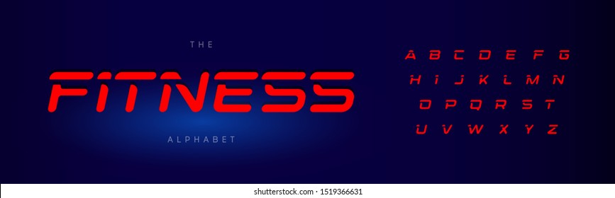 Fitness letters set. Red modern cut style alphabet on blue background. universal font for fitness, speed race, gym, workout, olympic games, auto and sport logo and posters. Vector typography design