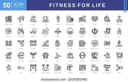 Fitness for Life icon set with exercise, workout, strength, endurance, health, wellness, cardiovascular, muscle and aerobics.