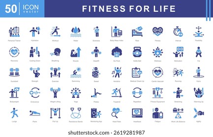 Fitness for Life icon set with exercise, workout, strength, endurance, health, wellness, cardiovascular, muscle and aerobics.